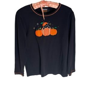 Studio Treat Halloween/ Fall Women’s Long Sleeve Shirt Black Cat Pumpkins Large